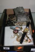 A BOX OF MIXED COSTUME JEWELLERY, coins etc
