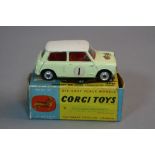 CORGI TOYS 227, a boxed Morris Mini-Cooper Competition Model, primrose yellow body, cream/white