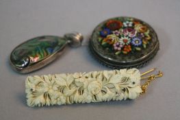 A MOSAIC BROOCH SET WITH SILVER, mother of pearl brooch and Victorian ivory brooch (3)