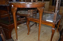 TWO SQUARE MAHOGANY OCCASIONAL TABLES, a walnut half moon table and an oval topped tripod table (4)