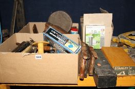 TWO BOXES AND LOOSE VINTAGE HAND TOOLS including Stanley planers, saws, etc