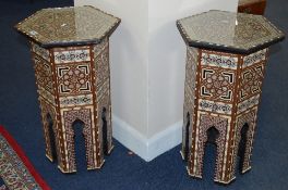 A PAIR OF 20TH CENTURY ANGLO INDIAN STYLE HEXAGONAL OCCASIONAL TABLES, inlaid with mother of pearl