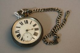 A LARGE SILVER POCKET WATCH, on a silver chain
