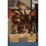 A BOX OF COPPER AND BRASS ITEMS, etc, to include copper kettles, coaching horn, chestnut roaster,