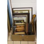 PRINTS AND MIRRORS, a box of modern prints, mirrors, replica advertising plaques and prints and a