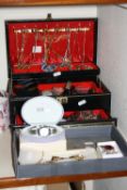 A JEWELLERY BOX AND TRAY OF COSTUME JEWELLERY, etc