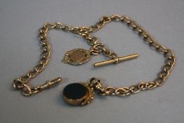 A 9CT T BAR WATCH CHAIN, with swivel fob and a 9ct fob, approximate total weight 43.6 grams