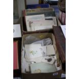 TWO BOXES OF EPHEMERA, BOOKS, UNFRAMED WATERCOLOURS, SKETCHES, etc