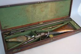 AN ANTIQUE 14 BORE SIDE BY SIDE PERCUSSION SHOTGUN, by J. Manton, it is fitted with 30'' damascus