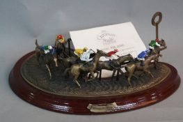 A LIMITED EDITION MARK MODELS LTD CAST METAL AND ENAMELLED HORSE RACING SCENE, titled 'Turning for