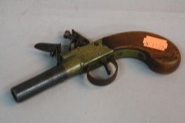 A 74 BORE SINGLE BARREL FLINTLOCK BOXLOCK POCKET PISTOL, fitted with a brass frame marked Rogers,