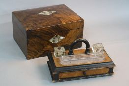 A MID VICTORIAN WALNUT STAINED RECTANGULAR WORK BOX, mother of pearl inlay of lozenge form to the