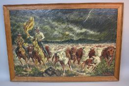 ARTHUR DELANEY (1927-1987), Cowboys herding cattle under stormy skies, oil on board, signed and