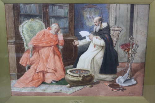 ACHILLE BUZZI (19TH/20TH CENTURY), 'Interested', a priest reading a letter to a smiling cardinal, in - Image 2 of 4