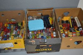 A QUANTITY OF UNBOXED AND ASSORTED PLAYWORN DIECAST VEHICLES, etc, to include Dinky, Corgi,