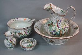 A MASONS IRONSTONE FIVE PIECE WASH SET, printed and painted with exotic birds amongst foliage with a