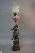 A LATE 19TH CENTURY FIGURAL OIL LAMP, opaque glass shade with pale yellow wavy rim, pink glass