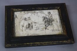 A 17TH CENTURY STYLE IVORY PLAQUE, etched with figures and horses in a landscape, worn condition,