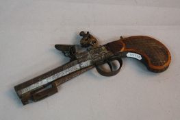 AN ANTIQUE FLINTLOCK BOXLOCK 38 BORE SINGLE BARREL PISTOL, proved in Liege Belgium fitted with a