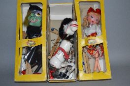 THREE BOXED PELHAM PUPPETS, SS Mitzi, SL Wicked Witch and a Horse, all appear largely complete,