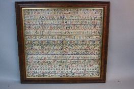 AN EARLY 20TH CENTURY NEEDLEWORK SAMPLER, with a border surrounding alphabets, numbers, religious