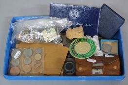 A BOX OF MISCELLANEOUS COINAGE, to include a USA silver uncirculated Dollar, a silver Piedfort 20p
