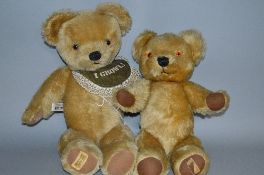 A MERRYTHOUGHT GOLDEN PLUSH TEDDY BEAR, with growler and bib marked 'I Growl', jointed body, brushed