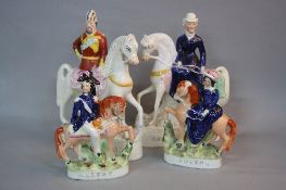 A PAIR OF VICTORIAN STAFFORDSHIRE POTTERY FIGURES ON HORSEBACK, titled 'Queen' and 'Albert', s.d,