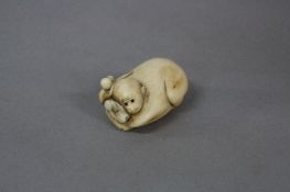 A LATE 19TH CENTURY JAPANESE IVORY NETSUKE, carved as mother and baby monkeys, length