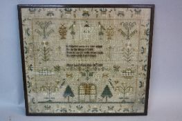 A WILLIAM IV NEEDLEWORK SAMPLER, linen ground worked in silks, with a border of fruit surrounding