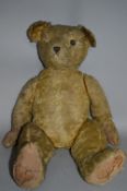 A LARGE WORN GOLDEN PLUSH TEDDY BEAR, vertical stitched nose, missing both eyes (one replaced with a