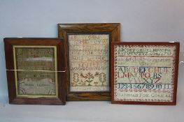 A LATE 18TH CENTURY NEEDLEWORK SAMPLER, alphabet and numbers, wool on a coarse linen ground,