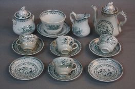 A MID 19TH CENTURY WOOD, CHALLINOR & CO CHILD'S TEASET, printed in blue with a scene of girls taking