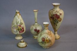 A MATCHED PAIR OF ROYAL WORCESTER VASES, blush ivory ground printed and tinted with floral sprays,