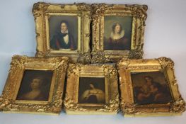 FIVE 19TH CENTURY GILT PICTURE FRAMES CONTAINING SMALL OILS ON PANEL, one titled Meditation, all