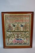 A 19TH CENTURY NEEDLEWORK SAMPLER, floral border surrounding alphabets, numbers and names, trees,