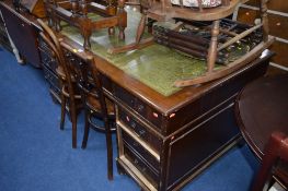 A MODERN MAHOGANY PEDESTAL DESK, with eight various drawers and green tooled leather inlay top,