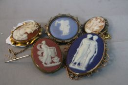 FIVE MIXED CAMEO BROOCHES