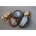 FIVE MIXED CAMEO BROOCHES