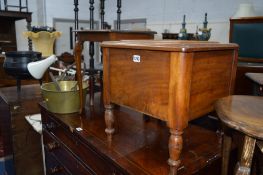 A CARVED OAK TWO TIER OCCASIONAL TABLE, a Victorian mahogany commode, brass jam jar, brass pan,