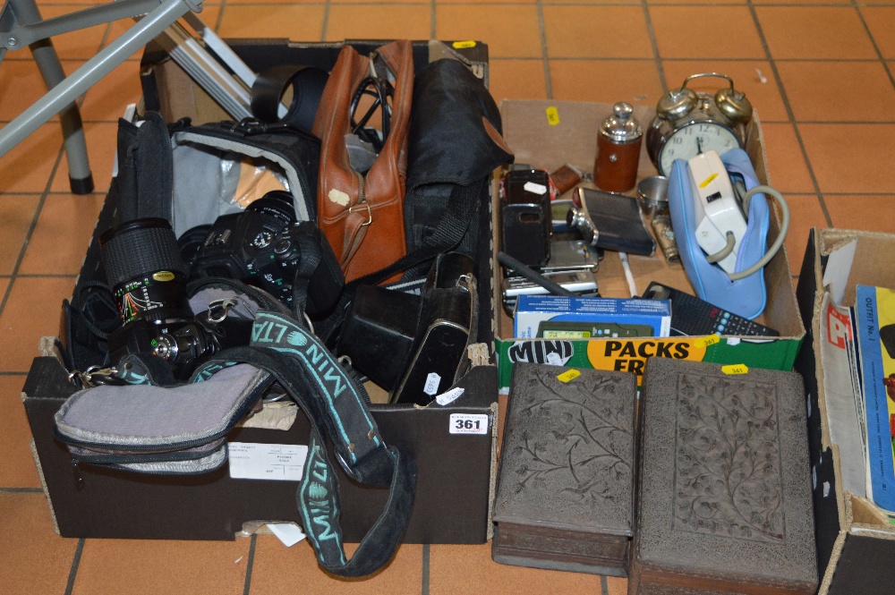 TWO BOXES AND LOOSE SUNDRY ITEMS, to include cameras (Olympus, Minolta etc), binoculars, phones, two