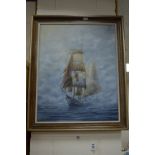 J. RICE (20TH CENTURY, BRITISH) Tall masted ship at full sail, oil on canvas, signed and dated (19)