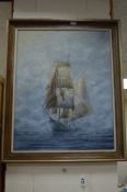 J. RICE (20TH CENTURY, BRITISH) Tall masted ship at full sail, oil on canvas, signed and dated (19)