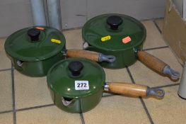 LE CREUSET, three graduating green saucepans