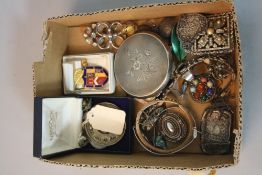 A BOX OF MISCELLANEOUS, including silver compact, Target brooch, silver and enamel ladies watch,