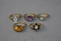 FIVE 9CT MIXED DRESS RINGS, ring sizes, P, O, P, P, N, approximate weight 18.1 grams