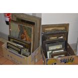 PAINTINGS AND PRINTS, two boxes of late 19th and 20th Century oil paintings, and colour prints (