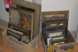 PAINTINGS AND PRINTS, two boxes of late 19th and 20th Century oil paintings, and colour prints (