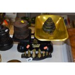 A SMALL SET OF SALTERS BELL WEIGHTS 5g to 200g with stand, together with a set of scales 'The Queen'