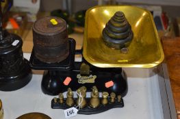 A SMALL SET OF SALTERS BELL WEIGHTS 5g to 200g with stand, together with a set of scales 'The Queen'